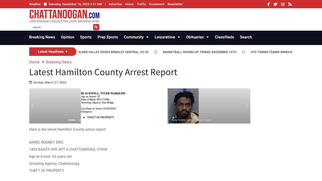 Latest Hamilton County Arrest Report - Chattanoogan.com