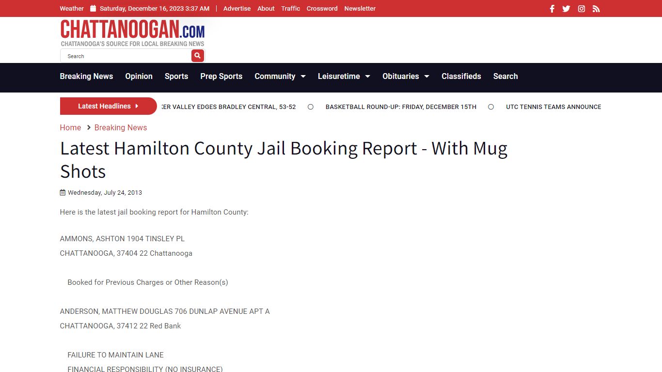 Latest Hamilton County Jail Booking Report - With Mug Shots
